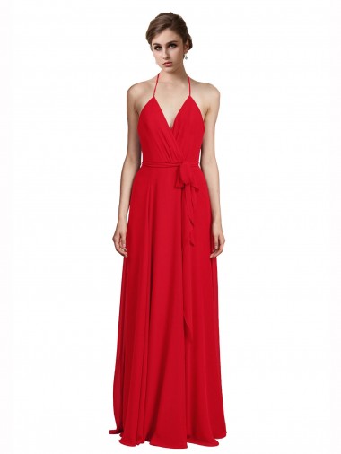 Acheter Rouge Trapèze Bretelles spaghetti Col V Mousseline Longue Robes demoiselle d'honneur