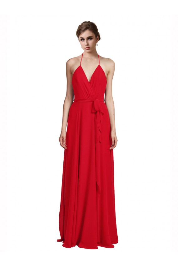 Acheter Rouge Trapèze Bretelles spaghetti Col V Mousseline Longue Robes demoiselle d'honneur