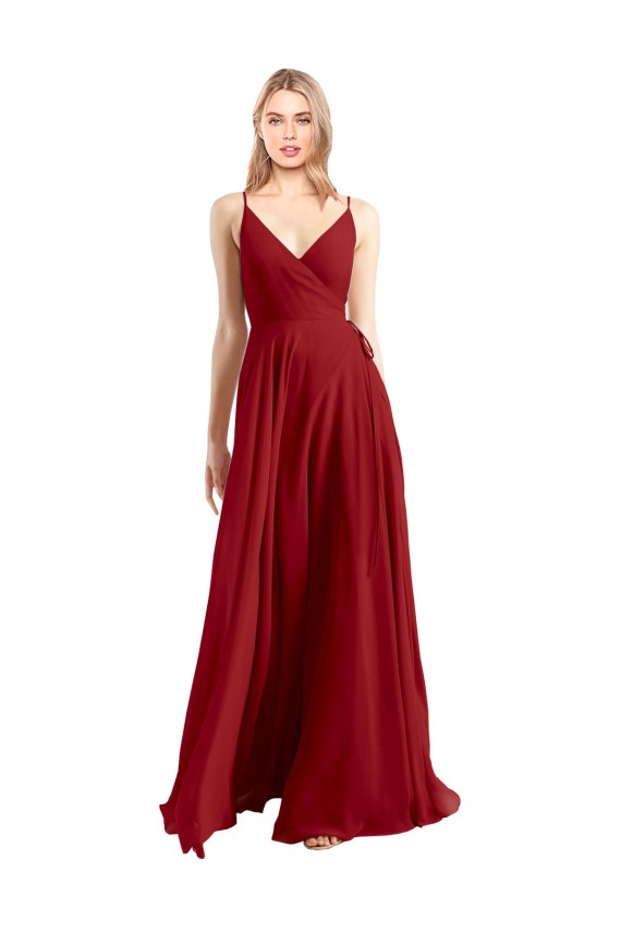 Acheter Rouge Trapèze Bretelles spaghetti Col V Mousseline Longue Robes demoiselle d'honneur