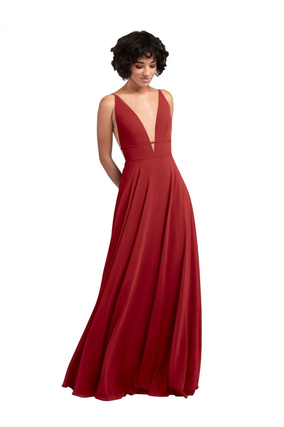 Acheter Rouge Trapèze Col V Mousseline Longue Robes demoiselle d'honneur