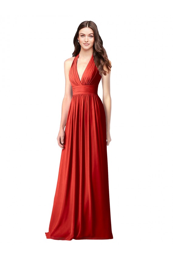 Acheter Rouge Trapèze Licou Col V Mousseline Longue Robes demoiselle d'honneur