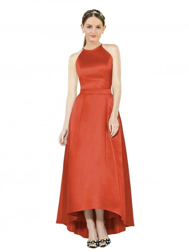 Acheter Rouge Épice Trapèze Licou Satiné Longue Asymétrique Robes demoiselle d'honneur