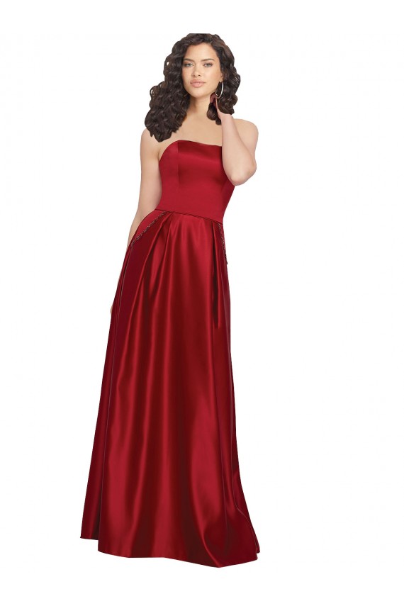 Acheter Rouge foncé Trapèze Sans bretelle Satiné Longue Robes demoiselle d'honneur / Robes de bal