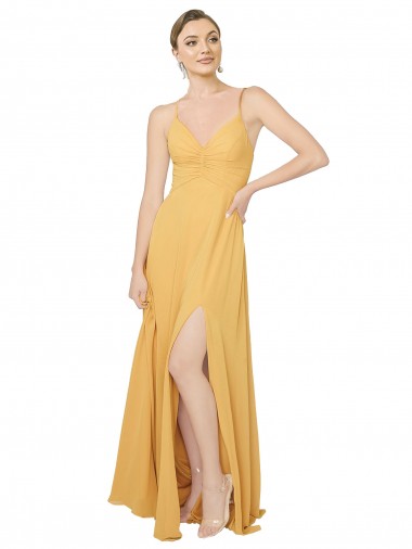 Acheter Safran Trapèze Col V Mousseline Longue Robes demoiselle d'honneur