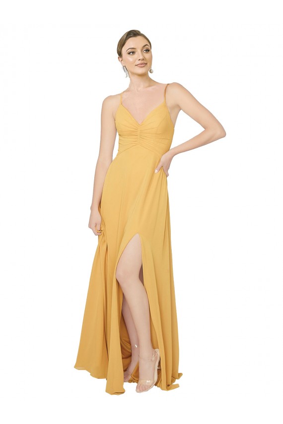 Acheter Safran Trapèze Col V Mousseline Longue Robes demoiselle d'honneur