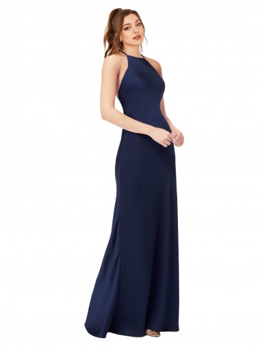 Acheter Saphir Fourreau Col Haut Satiné Soyeux Longue Formelles Robes demoiselle d'honneur / Robes de soirée / Robes de bal