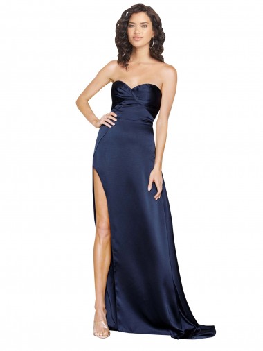 Acheter Saphir Trapèze Col Haut Satiné Soyeux Longue Formelles Robes demoiselle d'honneur / Robes de soirée / Robes de bal