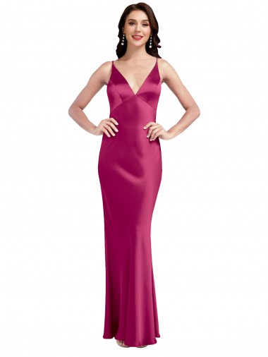 Acheter Trapèze Bretelles spaghetti Col V Satiné Stretch Longue Formelles Robes demoiselle d'honneur / Robes de soirée / Robes de bal