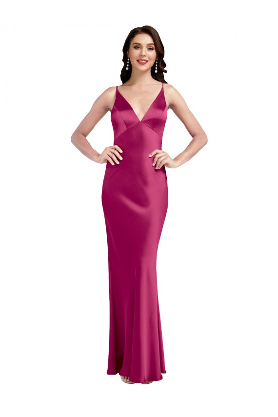 Acheter Trapèze Bretelles spaghetti Col V Satiné Stretch Longue Formelles Robes demoiselle d'honneur / Robes de soirée / Robes de bal