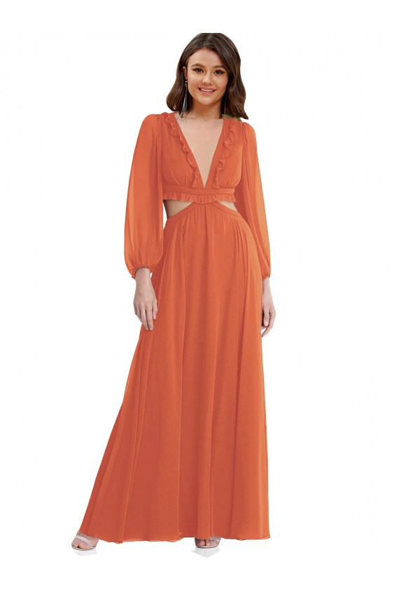 Acheter Trapèze Col V Mousseline Longue Asymétrique Robes demoiselle d'honneur