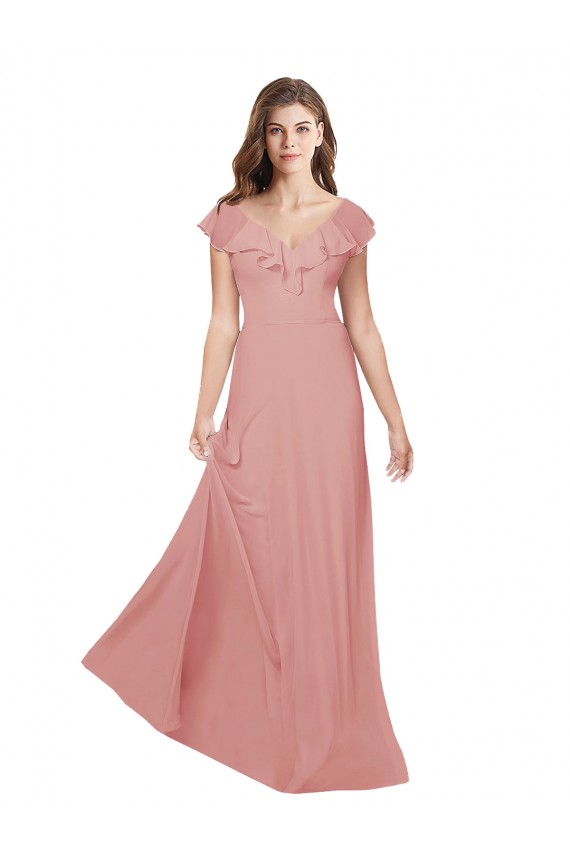 Acheter Trapèze Col V Mousseline Longue Robes demoiselle d'honneur