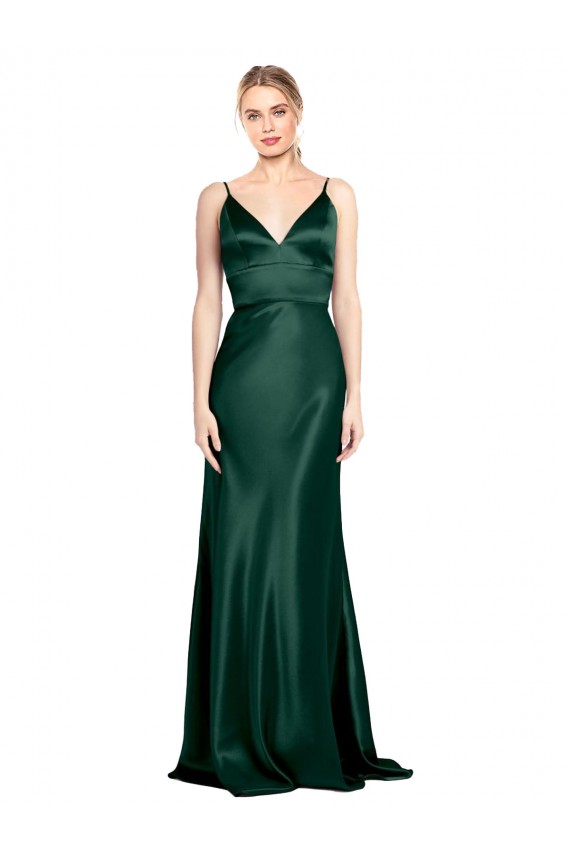 Acheter Vert Chasseur Fourreau Bretelles spaghetti Col V Satiné Stretch Longue Formelles Robes demoiselle d'honneur / Robes de soirée / Robes de bal