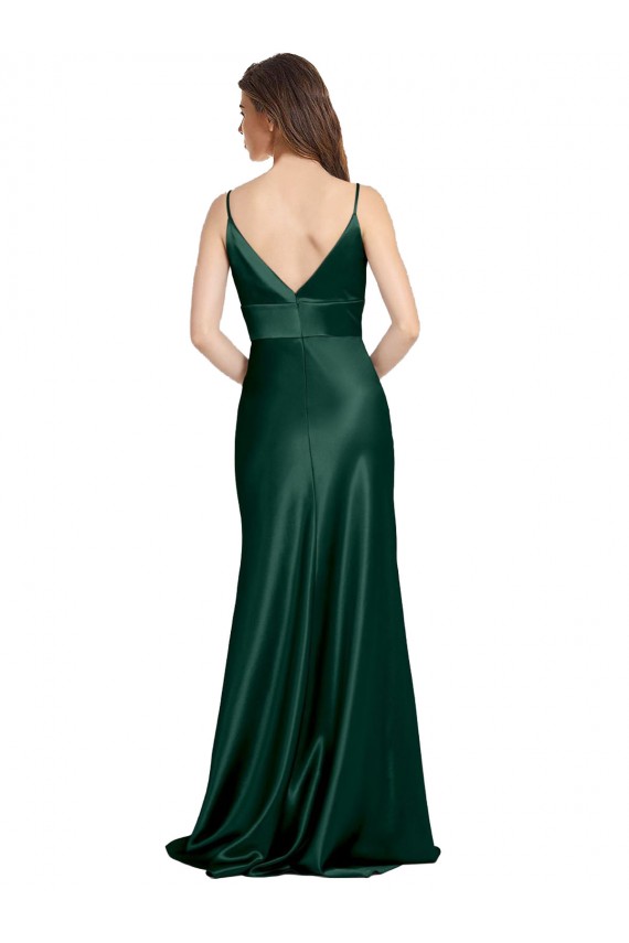 Acheter Vert Chasseur Fourreau Bretelles spaghetti Col V Satiné Stretch Longue Formelles Robes demoiselle d'honneur / Robes de soirée / Robes de bal