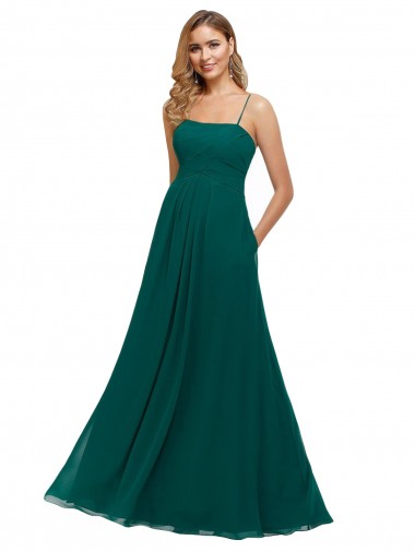 Acheter Vert Chasseur Trapèze Bretelles spaghetti Col Carré Mousseline Longue Robes demoiselle d'honneur