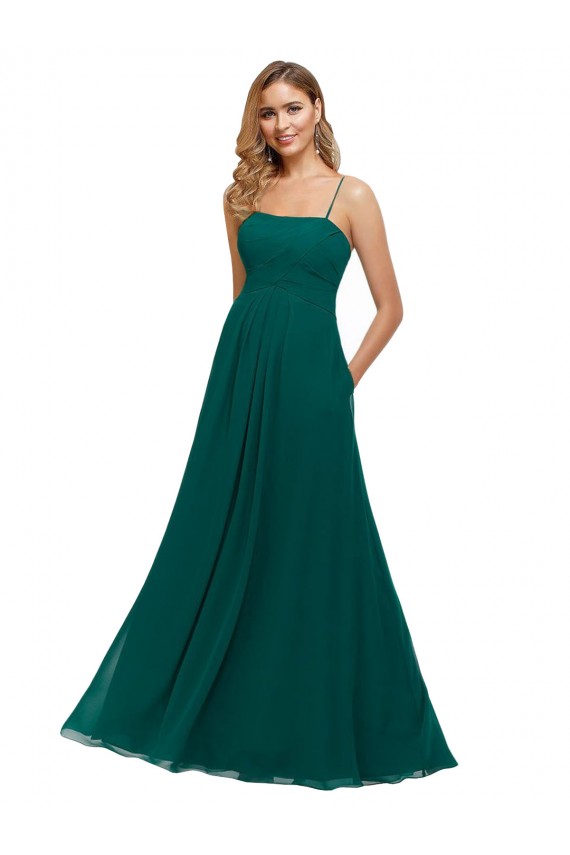 Acheter Vert Chasseur Trapèze Bretelles spaghetti Col Carré Mousseline Longue Robes demoiselle d'honneur