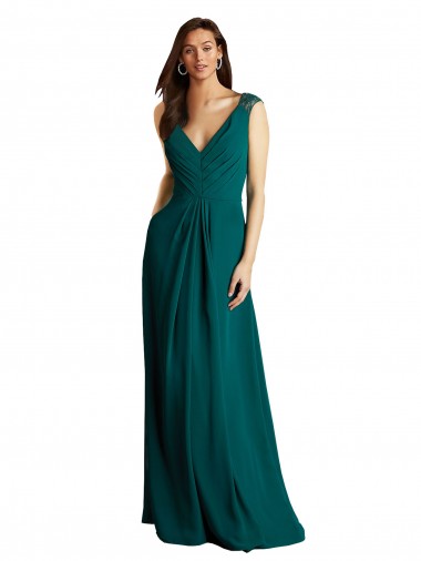 Acheter Vert Chasseur Trapèze Col V Mousseline Dentelle Longue Robes demoiselle d'honneur