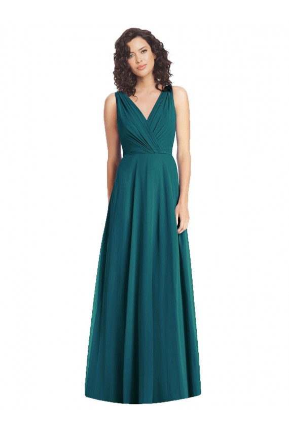 Acheter Vert Chasseur Trapèze Col V Mousseline Longue Robes demoiselle d'honneur