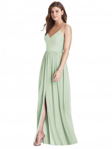 Acheter Vert Sauge Trapèze Bretelles spaghetti Col V Mousseline Longue Robes demoiselle d'honneur