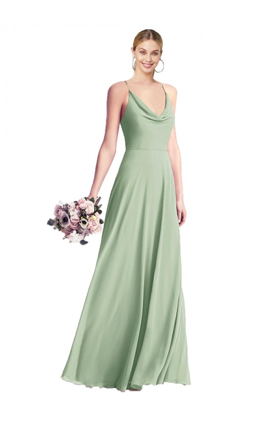 Acheter Vert Sauge Trapèze Bretelles spaghetti Mousseline Longue Robes demoiselle d'honneur