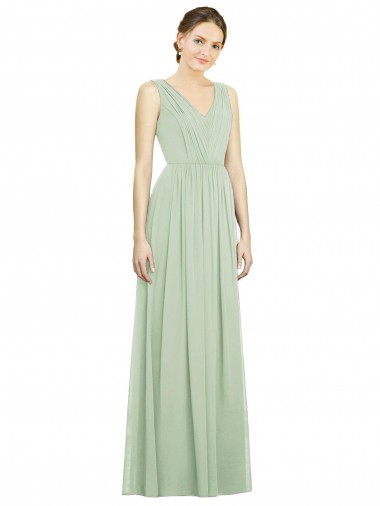 Acheter Vert Sauge Trapèze Col V Mousseline Longue Robes demoiselle d'honneur