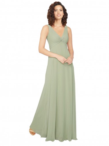 Acheter Vert Sauge Trapèze Col V Mousseline Longue Robes demoiselle d'honneur