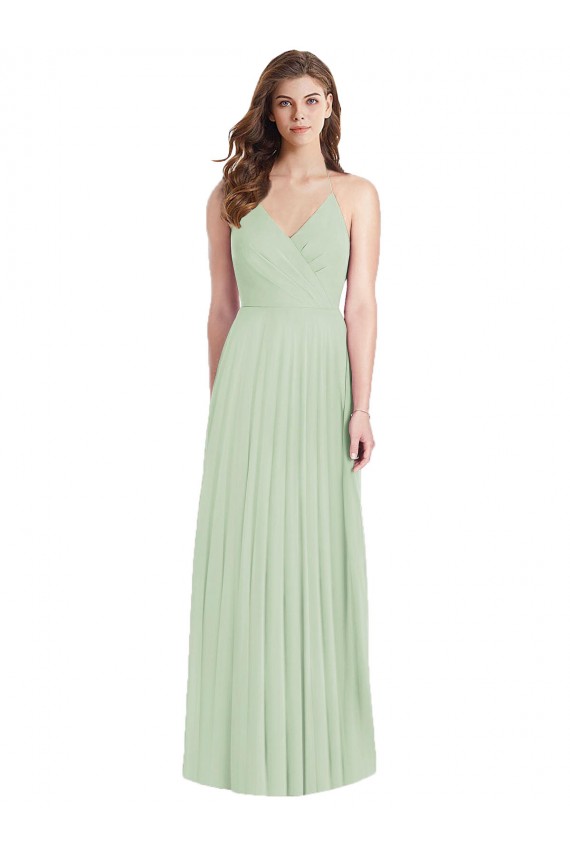 Acheter Vert Sauge Trompette Bretelles spaghetti Col V Mousseline Longue Robes demoiselle d'honneur