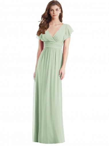 Acheter Vert Sauge Trompette Col V Mousseline Longue Robes demoiselle d'honneur