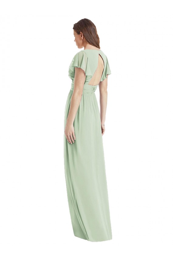 Acheter Vert Sauge Trompette Col V Mousseline Longue Robes demoiselle d'honneur