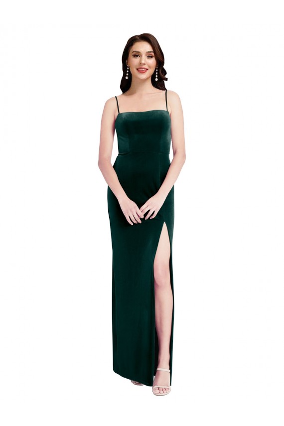 Acheter Vert foncé Fourreau Bretelles spaghetti Col Carré Velours Stretch Longue Robes demoiselle d'honneur / Robes de bal