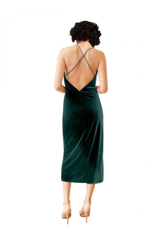 Acheter Vert foncé Fourreau Bretelles spaghetti midi Velours Stretch Courte Robes demoiselle d'honneur / Robes de soirée / Robes de cocktail