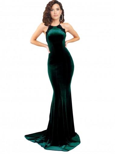 Acheter Vert foncé Sirène Col Haut Balayage train Velours Stretch Longue Formelles Robes demoiselle d'honneur / Robes de soirée / Robes de bal