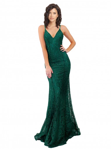 Acheter Vert foncé Sirène Col V Dentelle Longue Robes demoiselle d'honneur / Robes de bal