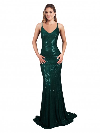 Acheter Vert foncé Sirène Col V Paillette Longue Formelles Robes demoiselle d'honneur / Robes de soirée / Robes de bal