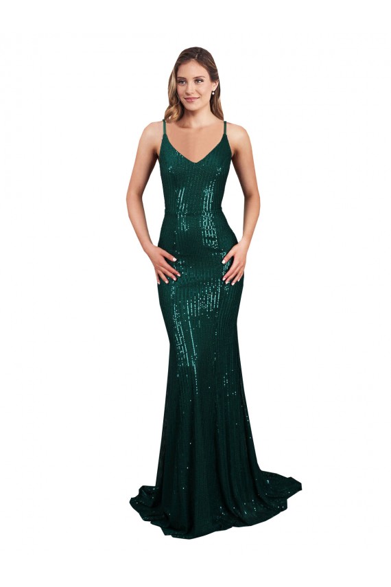 Acheter Vert foncé Sirène Col V Paillette Longue Formelles Robes demoiselle d'honneur / Robes de soirée / Robes de bal