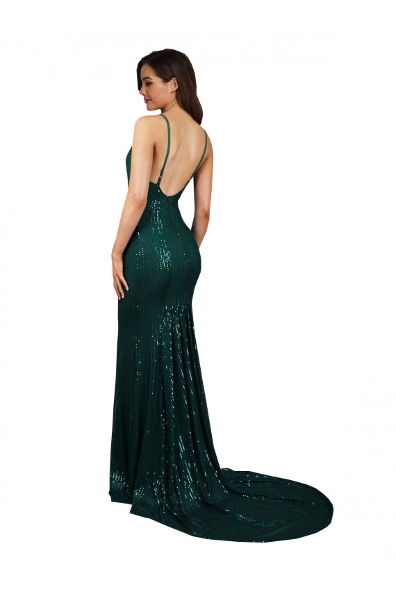 Acheter Vert foncé Sirène Col V Paillette Longue Formelles Robes demoiselle d'honneur / Robes de soirée / Robes de bal