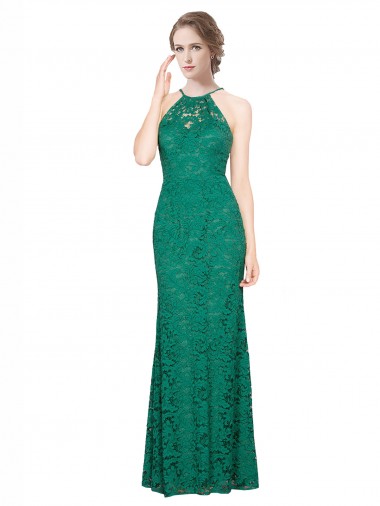 Acheter Vert foncé Sirène Licou Col Haut Dentelle Longue Robes demoiselle d'honneur / Robes de bal