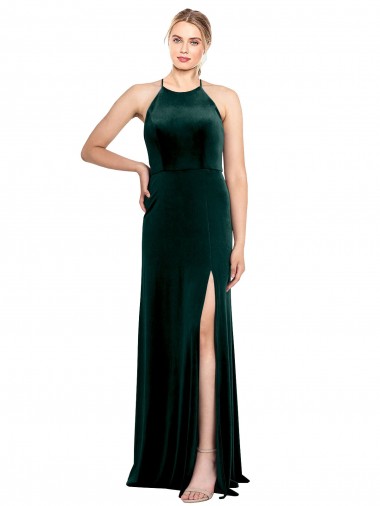 Acheter Vert foncé Trapèze Bretelles spaghetti Col bijou Velours Stretch Longue Robes demoiselle d'honneur / Robes de bal