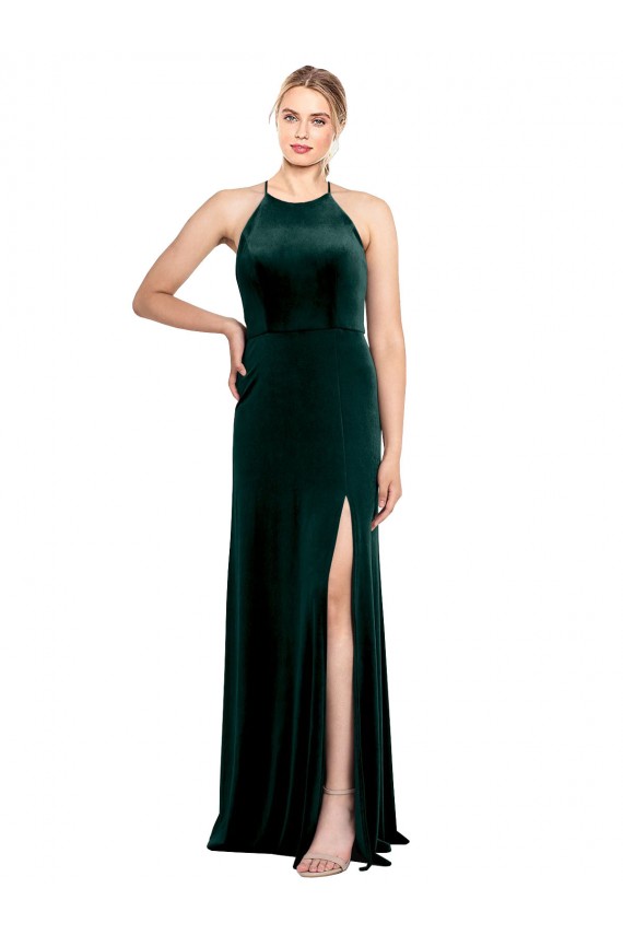Acheter Vert foncé Trapèze Bretelles spaghetti Col bijou Velours Stretch Longue Robes demoiselle d'honneur / Robes de bal