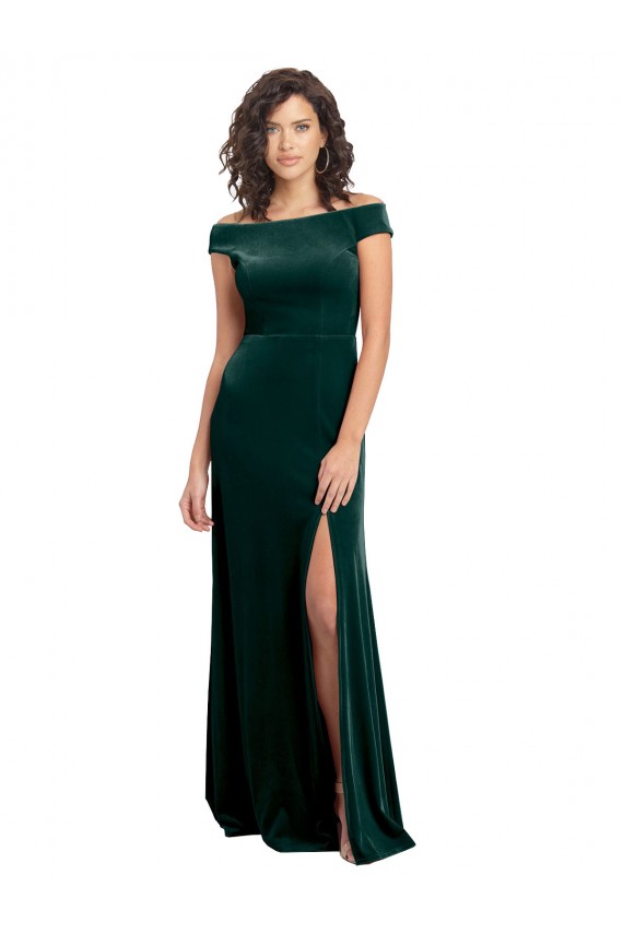 Acheter Vert foncé Trapèze Col Carré Velours Stretch Longue Formelles Robes demoiselle d'honneur / Robes de soirée / Robes de bal
