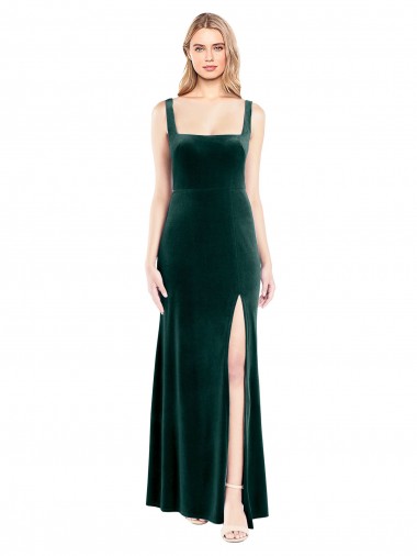 Acheter Vert foncé Trapèze Col Carré Velours Stretch Longue Robes demoiselle d'honneur / Robes de bal
