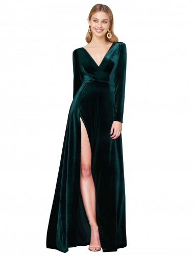 Acheter Vert foncé Trapèze Col V Balayage train Velours Stretch Longue Formelles Robes demoiselle d'honneur / Robes de soirée / Robes de bal