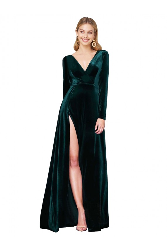 Acheter Vert foncé Trapèze Col V Balayage train Velours Stretch Longue Formelles Robes demoiselle d'honneur / Robes de soirée / Robes de bal