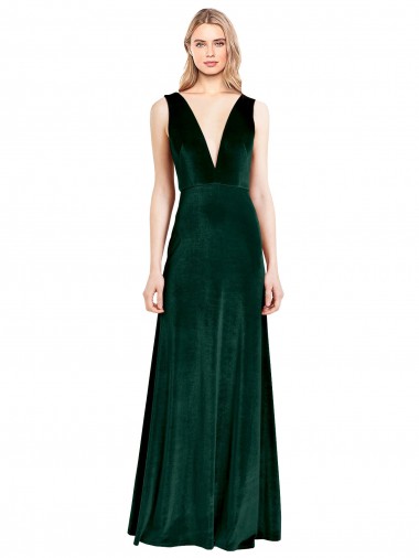 Acheter Vert foncé Trapèze Col V Velours Stretch Longue Formelles Robes demoiselle d'honneur / Robes de soirée / Robes de bal
