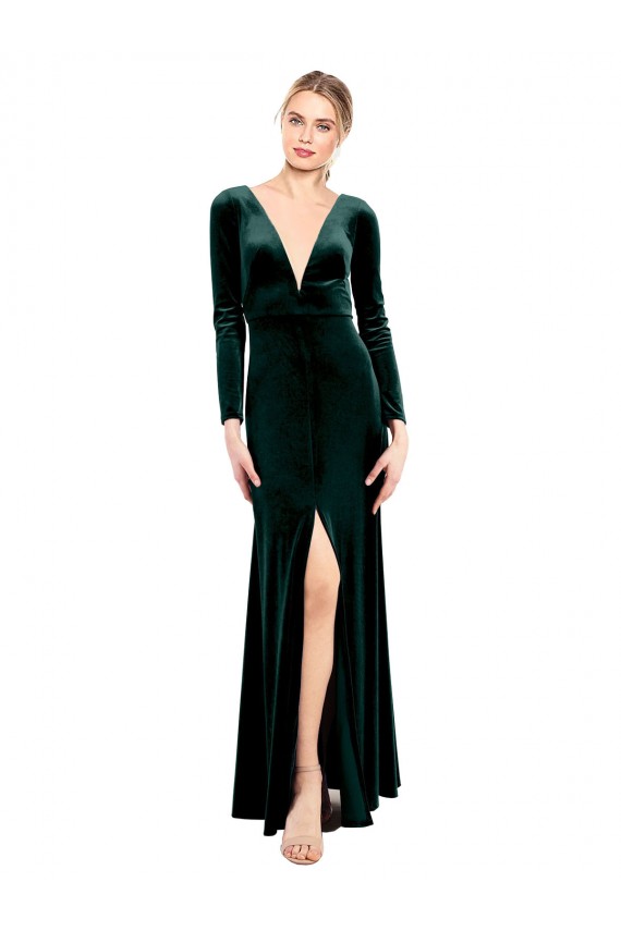 Acheter Vert foncé Trapèze Col V Velours Stretch Longue Robes demoiselle d'honneur / Robes de bal