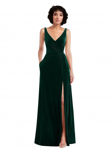 Acheter Vert foncé Trapèze Col V Velours Stretch Longue Robes demoiselle d'honneur / Robes de bal