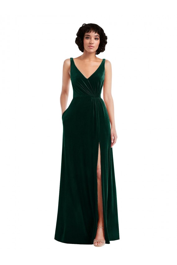 Acheter Vert foncé Trapèze Col V Velours Stretch Longue Robes demoiselle d'honneur / Robes de bal
