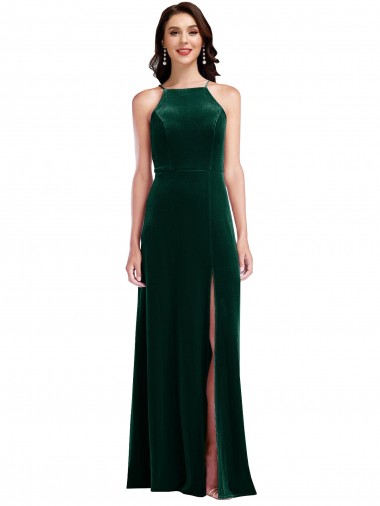 Acheter Vert foncé Trapèze Licou Col Haut Velours Stretch Longue Robes demoiselle d'honneur / Robes de bal