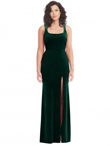 Acheter Vert foncé Trompette Col Carré Velours Stretch Longue Robes demoiselle d'honneur / Robes de bal