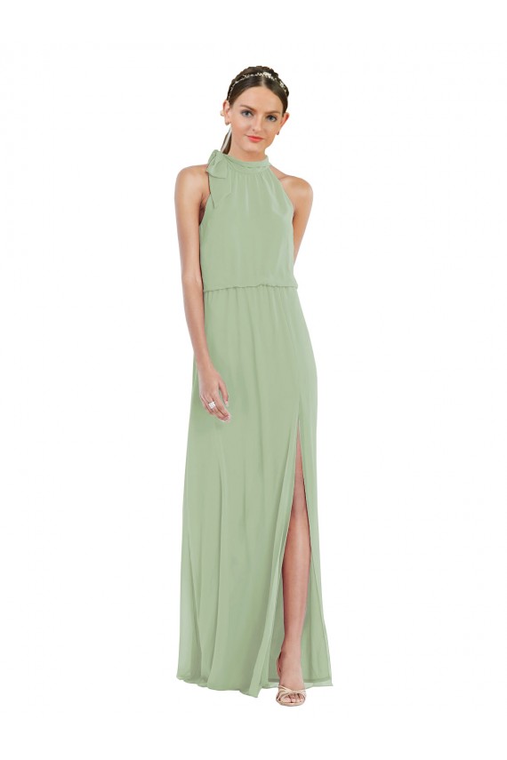 Acheter Vert fumée Trapèze Col Haut Mousseline Longue Robes demoiselle d'honneur