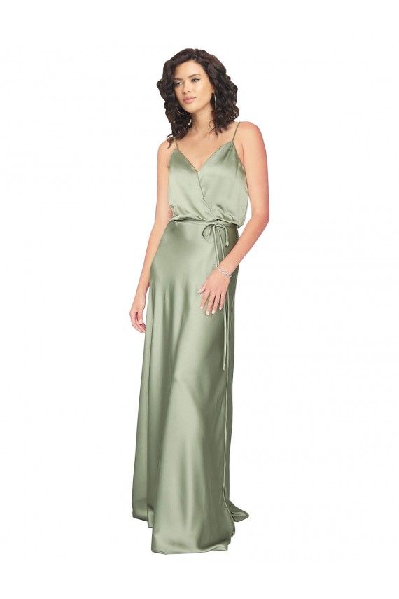Acheter Vert fumée Trapèze Col V Satiné Soyeux Longue Formelles Robes demoiselle d'honneur / Robes de soirée